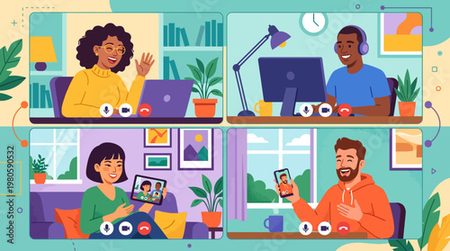 Diverse team collaborating remotely in colorful, modern home offices with laptops and plants.