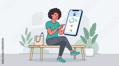 Illustration of a person sitting indoors and using a large smartphone.