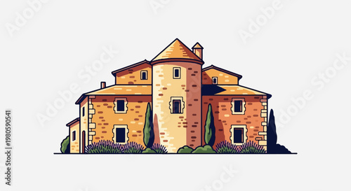 Rustic stone building with conical tower and surrounding greenery