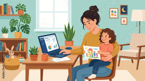 Cozy home learning moment with parent and child reading together in a bright living room.