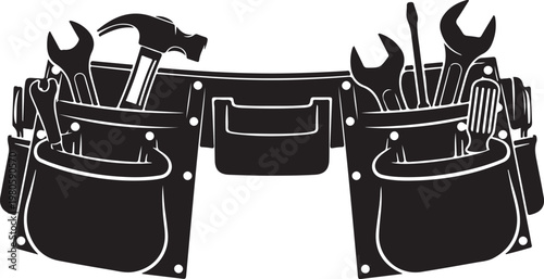Black leather tool belt with tools hammer