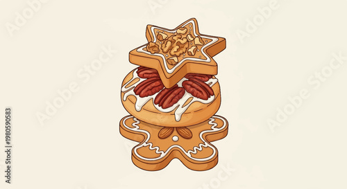A stacked dessert featuring gingerbread man, round cookie, star cookie, pecans, walnuts, and almonds