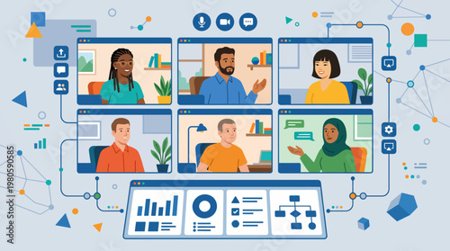 Online video conference featuring diverse participants across multiple screens and collaborative tools.