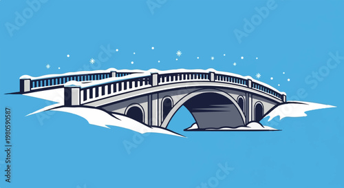 Snowy arched bridge with snowfall against a bright blue sky