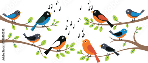 Canvas Print Cute cartoon birds perched on branches chirping melodies with playful musical no