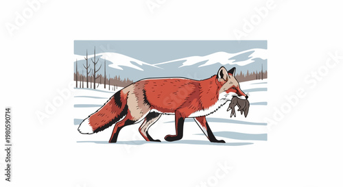 A red fox carries prey through a snowy, treed landscape under a pale sky