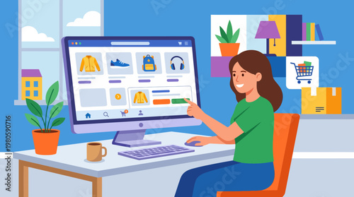 Person using a laptop for online shopping at a modern home office setup.