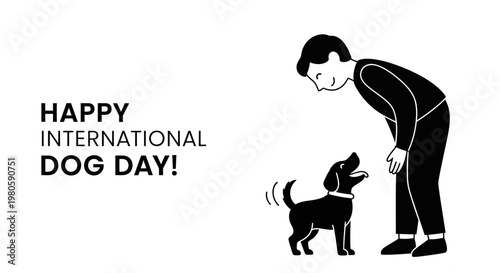 Black and white illustration of a happy man playing with his cute dog.