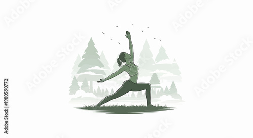 Woman practicing yoga outdoors amidst a stylized forest and birds