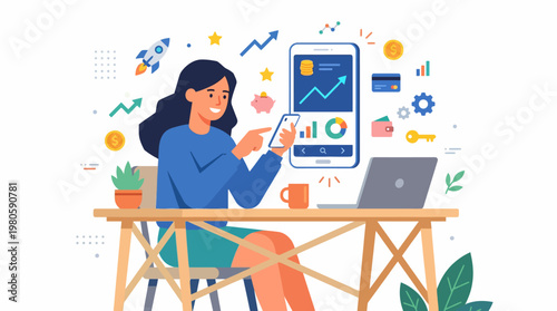 Woman at a modern home office working with laptop and tablet in a colorful, plant-filled workspace.