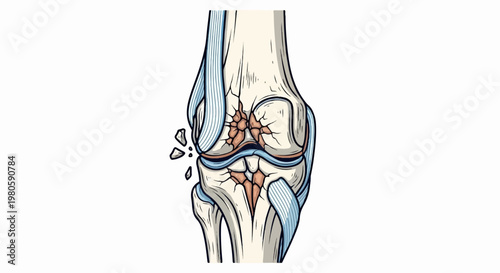Anatomical illustration of a damaged knee joint with fractured bones and torn ligaments