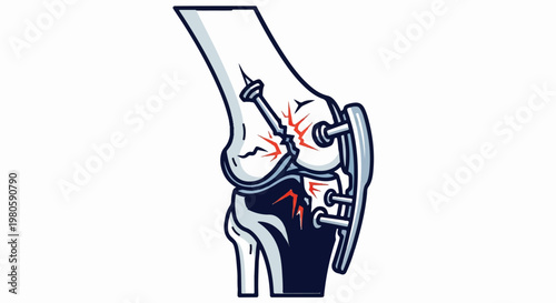 Anatomical representation of a fractured knee joint with surgical repair hardware