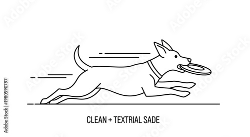 Minimalist line art illustration of a dog running with a flying disc.