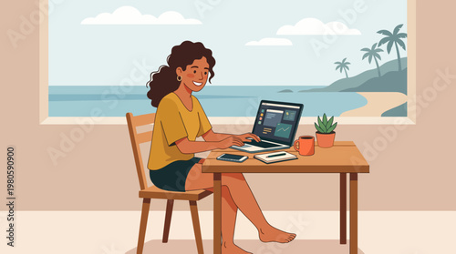 Woman working remotely at kitchen table overlooking sunny sea view.