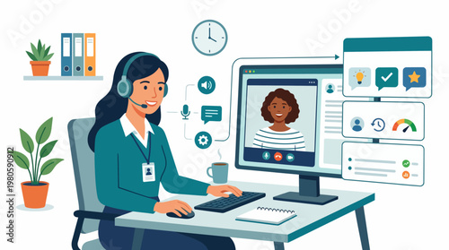 Professional woman working remotely at a desk with a video conference on a computer.