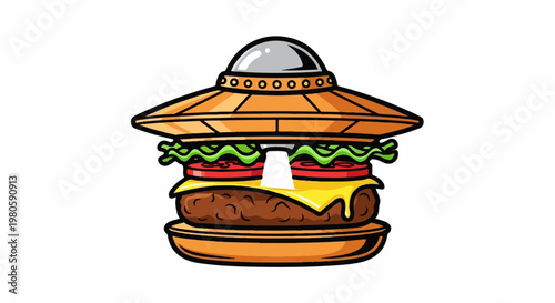 A burger with a UFO instead of a bun, featuring lettuce, tomato, and cheese