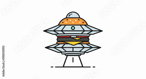 A cartoon illustration of a flying saucer shaped like a stacked hamburger with a dome