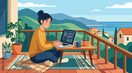 woman working remotely on a balcony with laptop overlooking scenic village and mountains.