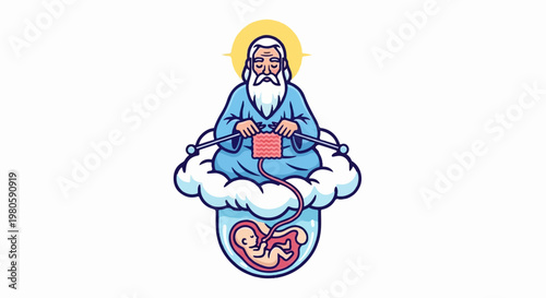 Celestial being knitting, with infant developing in womb below