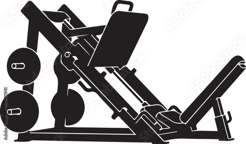 Black leg press machine with white outlines on white background
