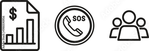 Business support icons, finance, SOS, people, vector graphics