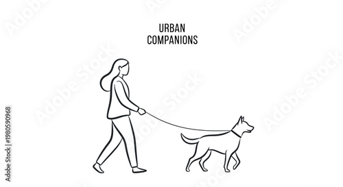 Minimalist line art illustration of a woman walking her dog.