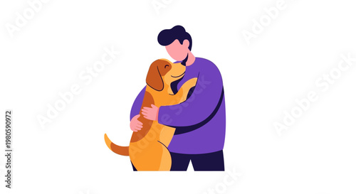 A young man hugging his happy golden retriever dog.