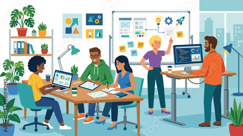 Team of Professionals Collaborating in a Modern Office Workspace During a Brainstorming Session.