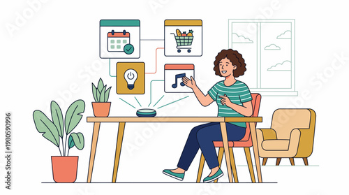 Modern office workspace with a person working at a desk, computer screens, plants, and charts on the wall.