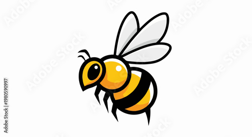 Cute cartoon bee, yellow with black stripes, and translucent wings, isolated on white