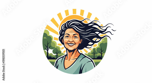 Joyful woman with windswept hair smiles brightly in a sunlit park