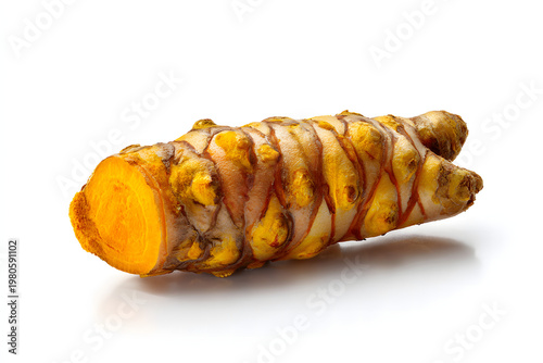 
single Turmeric root isolated on pure white background
