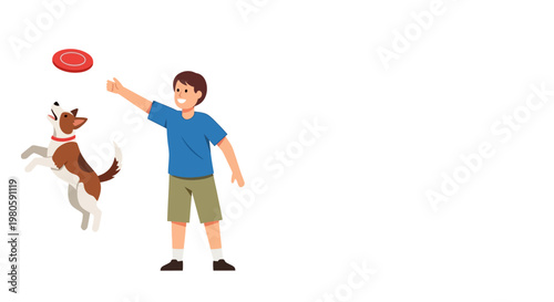 A young boy playing fetch with his energetic dog using a red flying disc.