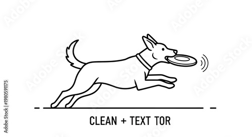 Minimalist outline drawing of a playful dog running with a flying disc.