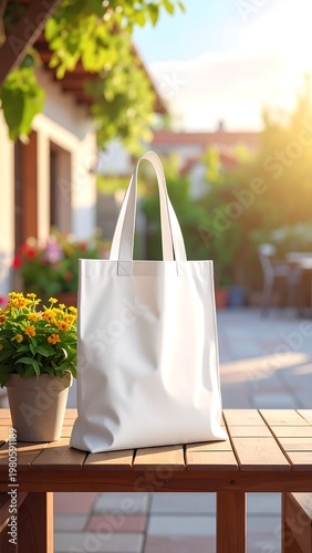 A white tote bag on a wooden table beside a flower pot