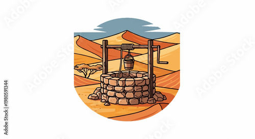 Desert landscape with a stone well and a single acacia tree under a blue sky