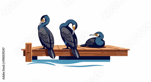 Three dark birds perch on a wooden dock with wavy blue water below