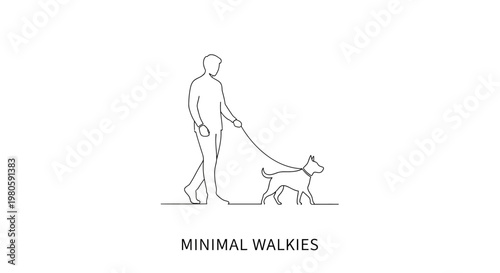 Minimalist continuous line drawing of a person walking a dog.
