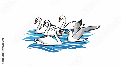 A flock of white swans and a seagull glide on blue, wavy water