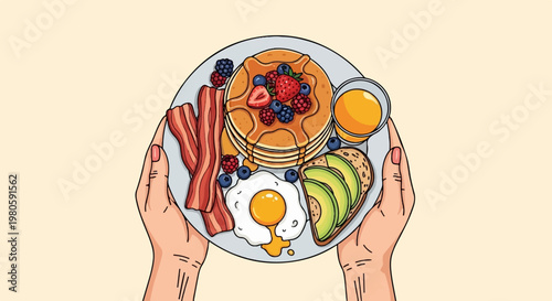 Overhead view of hands holding a plate of a hearty breakfast with pancakes, bacon, egg, avocado toast, and juice