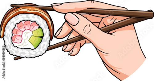 Hand holding chopsticks lifting a sushi roll with shrimp and avocado