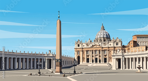 Grand plaza with colonnade, obelisk, and domed building under a clear sky