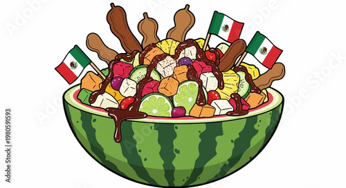 A vibrant, halved watermelon overflowing with a colorful medley of chopped fruits, drizzled with dark sauce, and adorned with Mexican flags