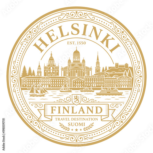 Vintage gold Helsinki Finland travel emblem with city skyline landmarks vector illustration