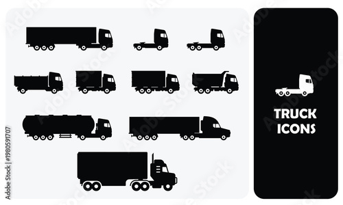 Set of Heavy Commercial and Cargo Truck Silhouette Icons