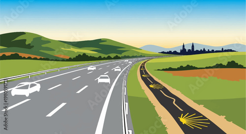 A highway curves through rolling green hills towards a distant city silhouette, with a walking path marked by shells