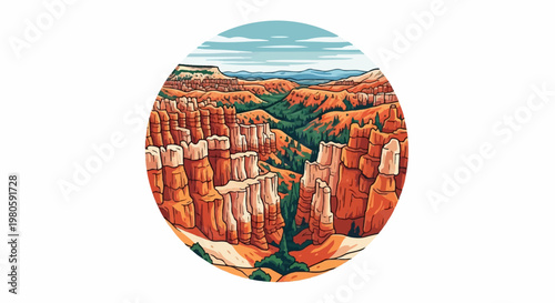 Pixelated view of a canyon with orange hoodoos and green trees under a blue sky