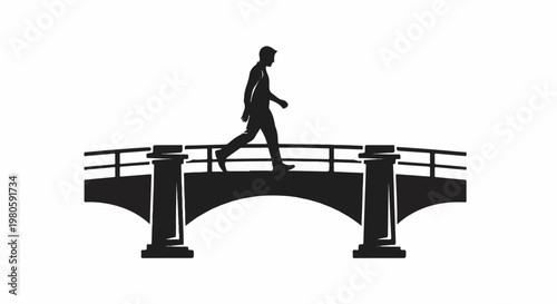 Silhouette of a person walking across an arched bridge