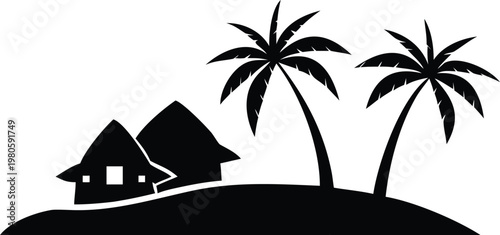 Tropical island huts and palm trees silhouette quiet village scene by ocean.