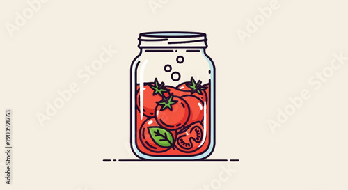 A glass jar filled with ripe tomatoes and green leaves in a light background